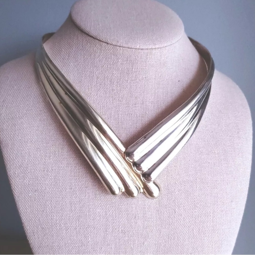 Taxco Mexico Sterling Silver Torc Necklace V Shaped Choker Collar 15-inch 76g - Picture 1 of 15